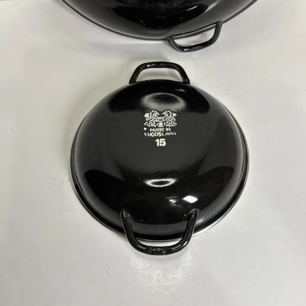 Vtg MCM Emo Celji Style Nesting Enamel Metal 2 Saute Pans Yugoslavia Blue Red